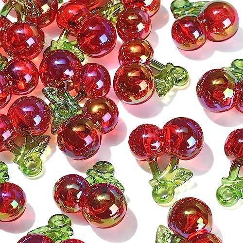 UR URLIFEHALL 20 Pcs Cherry Acrylic Charms 3D Fruit Food Dangle Beads Charms Pendants for Hairband Ornament DIY Jewellery Making Crafts