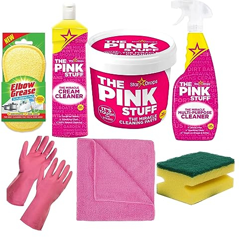Pink Stuff Multi-purpose Cleaning Product Kit: The Pink Stuff Paste 850g, All-purpose Spray 750ml & The Miracle Household Cream Cleaner 500ml with Gloves- Micro-Fibre Cloth, Scrubber & Sponge