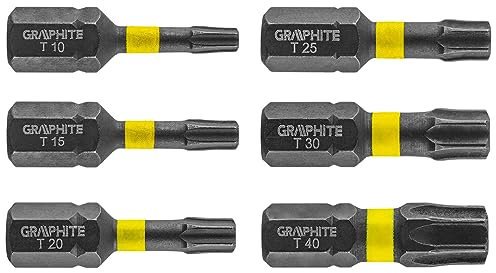 GRAPHITE Brocas de impacto de acero resistente S2 Brocas para Destornillador y Taper - Longitud de la broca 25-50 mm - Número de Piezas 2-6 Piezas - Extremos TX SL (TX10/15/20/25/30/40 x 25 mm, 6