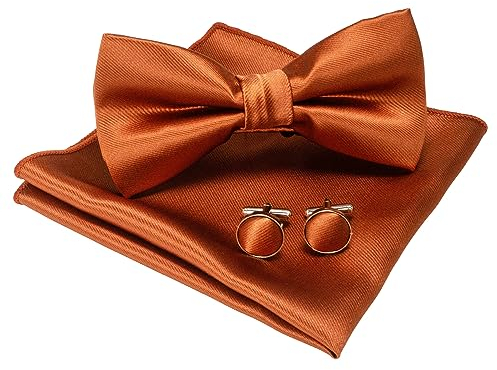 JEMYGINS Einfarbig Fliege und Einstecktuch mit Manschettenknöpfe Sets für Herren,Rostrot Orange