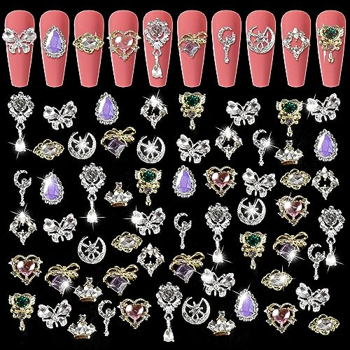 60 Stück Nail Charms Set, 3D Metall Luxus Strasssteine Nägel Nail Art Charms, Nailart Nagelschmuck Krone, Schmetterling, Herz, für DIY Nägel, 11 Stile