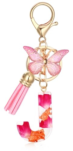 MWOOT Letter Keychain Initiale Schlüsselanhänger Buchstabe J,Alphabet Harz Buchstabe mit Blume Key Chain mit Schmetterling Quaste Anhänger Handtasche Charm,Rosa Blütenblatt Keyring für Frauen(J)