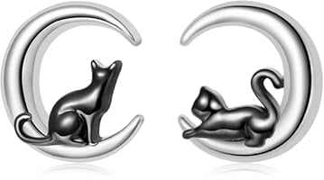 Gnoce Boucles d'oreilles clou Chat Noir Lune, Boucles d'oreilles en argent sterling 925 pour femmes, Cadeau de clou festif pour elle