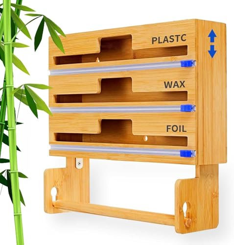 Upgrade 4 in 1 Plastic Wrap Dispenser with Cutter & Paper Holder, Aluminum Foil Dispenser with Cutter for Organization and Storage, Bamboo Roll Organizer Holder, Compatible with 12 Roll