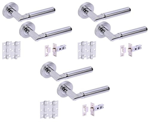 HANDLEZONE® 3 Sets Lacerta Premium Internal Door Handles on Rose Lever Latch Packs with 75mm Ball Bearing Hinges and 76mm Latches - Dual Polished/Satin Chrome