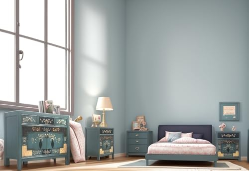 OPIUM OUTLET Chinesische Asia Möbel Kombination Set Schlafzimmer Vintage Sideboard Kommode Schrank & 2 Nachttische Nachtkommoden orientalisch asiatisch handbemalt komplett montiert blau