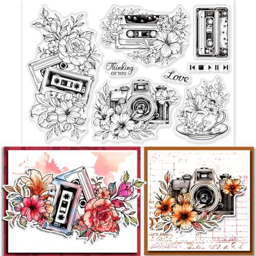 GLOBLELAND Retro Blumen Transparente Silikonstempel Tonband Klare Stamps Kamera Teetasse Silikonstempel Für Kartengestaltung DIY Prägung Journaling