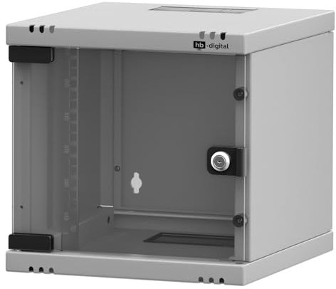 hb-digital Netzwerkschrank 10 Zoll 6HE Wandmontage mit Glastür - Sichttür Schloss Wandgehäuse für EDV Router Patchpanel - Traglast 30kg robust - Tiefe 300mm abschließbar mit Lüftung Unmontiert Grau