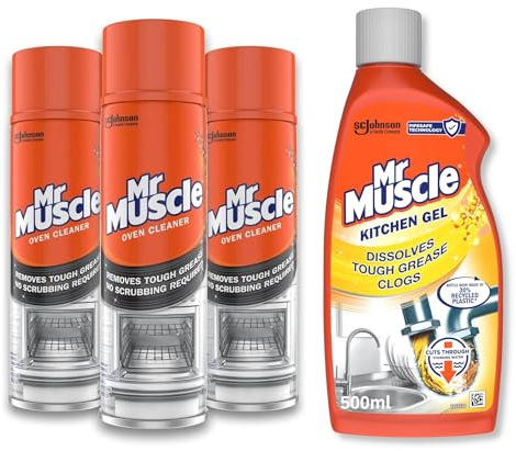 Mr Muscle Oven Cleaner, Heavy Duty Oven Cleaner & Degreaser (3x300ml) & Kitchen Drain Unblocker & Cleaner Gel, Dissolves Clogs, 3x Better than Bleach, Safe for Pipes, (1x500ml)