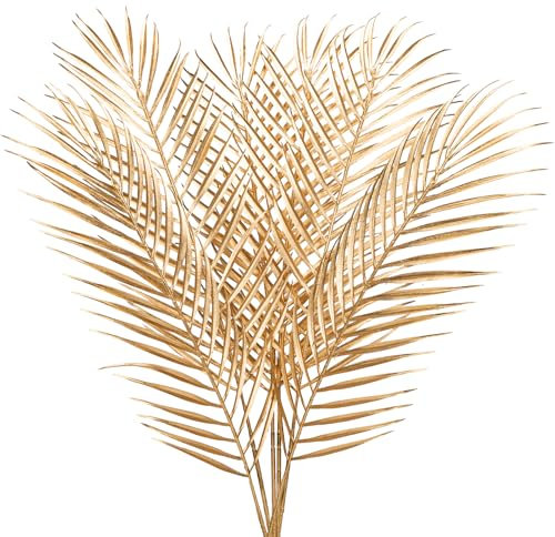 Briful 6 plantas falsas de hojas de palma doradas, tallos de hoja de palma artificiales de 29 pulgadas, plantas artificiales decorativas para fiesta de selva, decoración de boda, plantas de palma