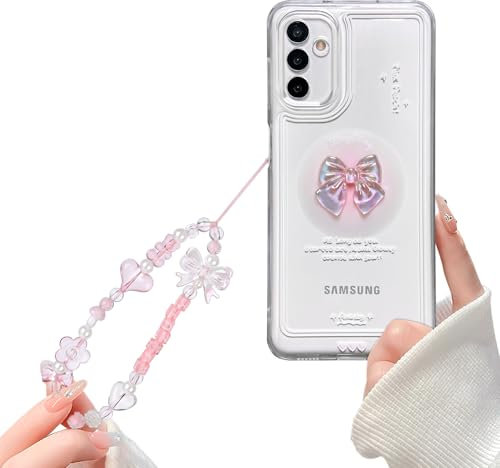 Reownest Compatible avec Coque Samsung Galaxy A14 Cute Rose Arc Aesthetic Design Mignon Les Femme Filles Caméra Lentille de Protection de Téléphone Portable Housse + Glitter Cristal Chaîne