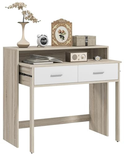 HOMCOM Table Console Table d'entrée avec Plateau Coulissant et 2 tiroirs, Table de Couloir avec Rangement pour Salon, entrée, Chambre, 95l x 35P x 87H cm, Aspect chêne