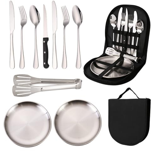 Camping Geschirr Set 10er-Satz für 2 Personen Tragbars Besteck Set Campingbesteck Set Edelstahl für Camping Picknick Wanderung