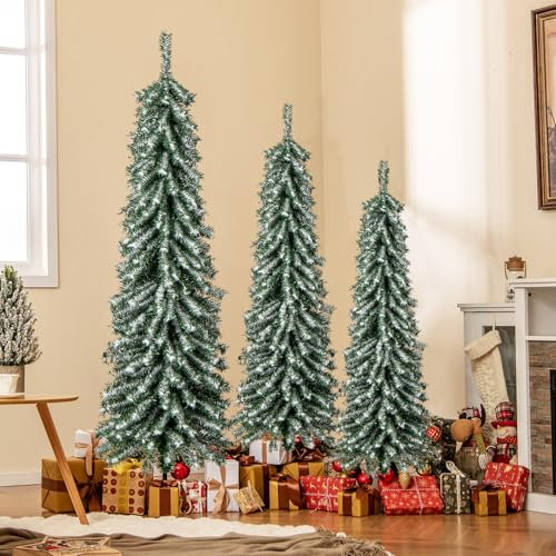 GYMAX Set di 3 Alberi di Natale 180/150/120 CM, Albero di Natale Artificiale con 505/302/216 Punte di Rami, 180/120/100 Luci LED, Base in Metallo e Nucleo in Cotone, Albero Decorativo Slim per Feste