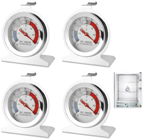 Stainless Steel Fridge & Freezer Thermometer with Large Dial, Range -30°C to 30°C (-20°F to 80°F), Set of 4