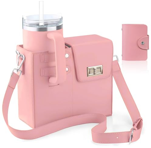 Outdoor Portable Crossbody Water Cup Storage Bag Crossbody Cup Holder Bag Multifunctional Leather Water Bottle Holder with Adjustable Shoulder Strap (Pink)