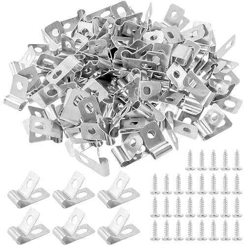 MUKSEUT 200 PCS Agricultural Fencing Mounting Clips, R Type Cable Clips, Stainless Steel Wire Mesh Clips with Screws Cable Clips, Silver Wire Clamp for Fixing Wire to Fence or Wall