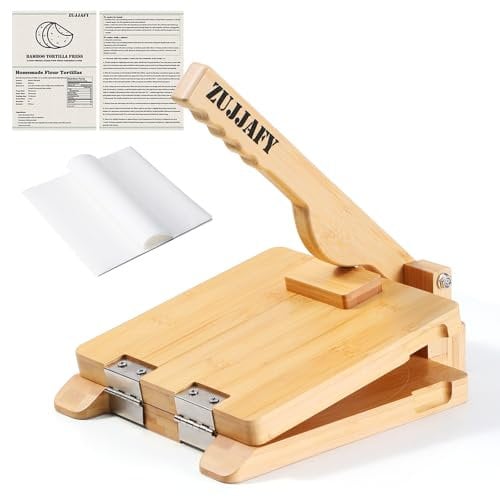 ZUJJAFY Pressa per tortilla da 20,3 cm, in bambù, con 50 fogli di carta pergamena, pressatore messicano per tortillas fatte in casa, per pataconera, quadrato