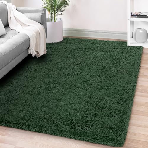 FVVRAX Flauschiger Hochflor Teppich 90x150 cm Dunkelgrün | Extra weicher Shaggy Teppich rutschfest für Wohnzimmer Schlafzimmer | Kuscheliger Bodenteppich für Kinder Haustiere