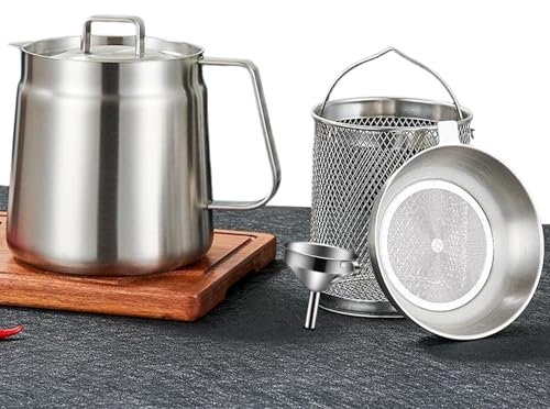Builrand Bacon Grease Container with Strainer, 2L Stainless Steel Oil Container, Pot Fat Storage with Lid & Funnel & Fryer Basket, Easy Grip Handle Suitable for Storing Frying Oil and Cooking Grease