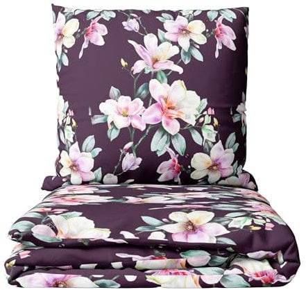 Leonado Vicenti Biber Bettwäsche 135x200 cm + 80x80 cm Geblümt Violett Rosa Kuschelig Warm Winterbettwäsche Pflegeleicht mit Reißverschluss 4 teilig