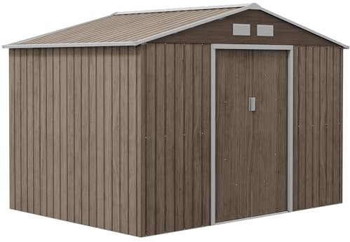 Outsunny Caseta de Jardín Exterior 4,9 m² 277x195x192 cm Cobertizo de Jardín Exterior con Puerta Corredera Techo Inclinado Base Refuerzo (Suelo NO Incluido) y 4 Ventanas Natural