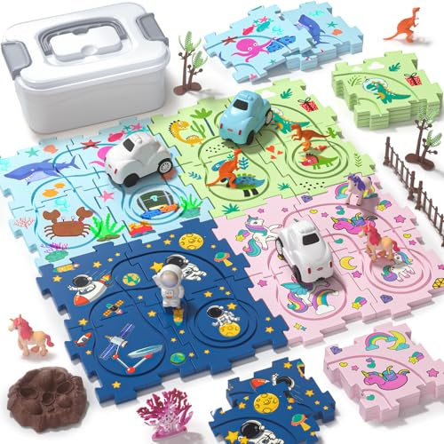 Tacobear Autorennbahn Auto Spielzeug DIY Rennbahn Puzzle mit Rennauto Spielzeugauto Fahrzeug Kinderspielzeug Geschenk für 3 4 5 Jahre Jungen Mädchen (Cartoon)