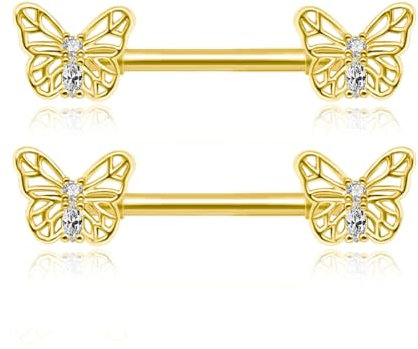 Besyvvin 2stk Brustwarzenpiercing 14mm Schmetterling Gold Brustpiercing Nippel Ring Chirurgenstahl Piercing Nipple Brustwarze