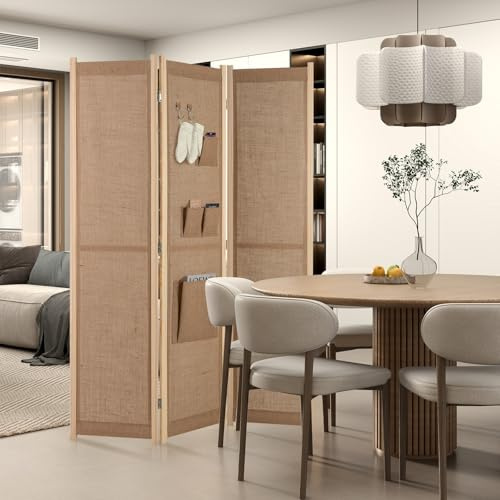 GIANTEX Paravent Raumteiler 3-teilig 121 x 170 cm mit 2 Haken | Klappbare Stellwand mit 4 Aufbewahrungstaschen, Leinen-Optik und Holzrahmen als Sichtschutz