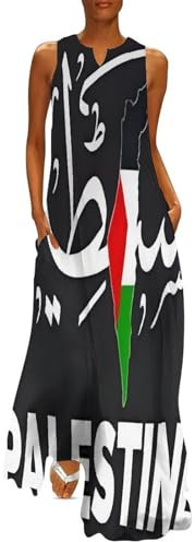 Vestido De Verano para Mujer, Estilo Informal De Playa, Sin Mangas, Estampado Bandera De Palestina Holgado con Bolsillos, Vestido Tirantes Casual Elegantes