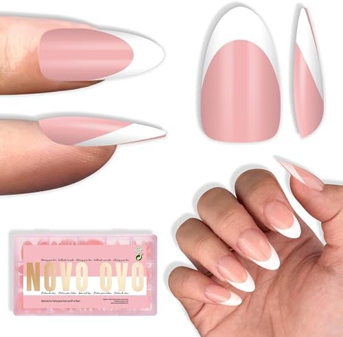 NOVO OVO White French Tip Almond Nail Tips Press on BABY PINK, Extra Thick Medium Soft Gel Fake Nail Acrylic Extension, Need Builder Gel Top Coat, No Glue Included, for Salon DIY x 15 Sizes 240 pcs