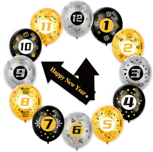 HOWAF Silvester Countdown Luftballons, 1-12 Zahlen Luftballon Neujahr Ballon mit Konfetti für Silvesterspiele Adventskalender Silvester Deko 2027, Happy New Year Deko 2027, Schwarzes Gold