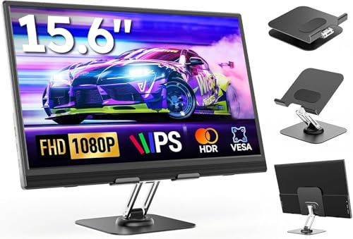 Tragbarer Monitor 15,6 mit Ständer, FHD 1080P Portable Monitor für Laptop | Ultra-dünner IPS Mobile Monitor mit verstellbarem Standfuß & Lautsprecher, USB-C & mini HDMI, für Laptop/PC/Mac