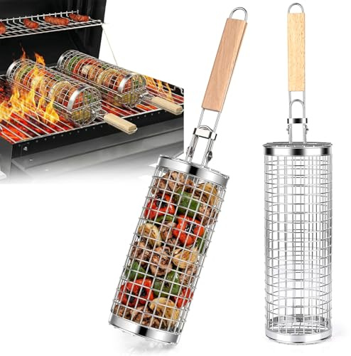 2 Piezas Cesta de Parrilla Rodadiza, Diealles Shine Mango Extraíble Cesta de Parrilla de Acero Inoxidable 304, Utensilios bbq para Exterior Camping, Barbacoa Giratoria Rejilla para Asar Verduras Carne