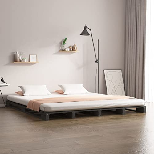 Yunovire Palettenbett Grau 140x190 cm, Massivholz Kiefer, Robustes Bettgestell, Modernes Design für Schlafzimmer, Inklusive Lattenrost