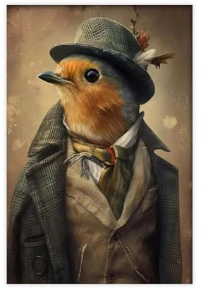 NKALFGH Vintage-Poster mit Rotkehlchen im Tweed-Anzug, Leinwand, Schlafzimmer, Dekoration, Landschaftsdekoration, Geschenk, 30 x 45 cm