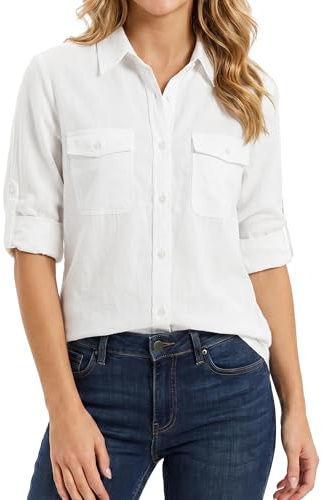 Enmain Camisa Mujer Manga Larga Camisa de Lino con Botones y Mangas Remangables Blusa Casual con 2 Bolsillos para Verano y Playa, S-3XL