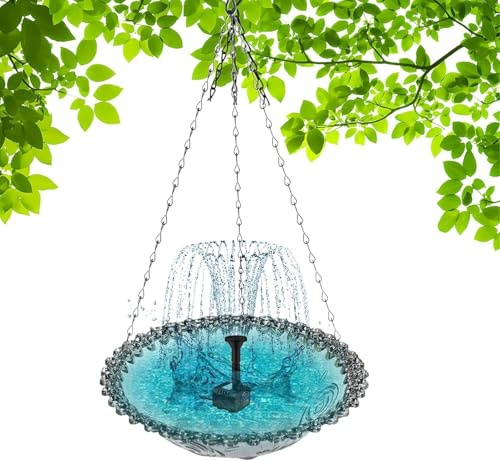 Bain d’Oiseaux Solaire à Suspendre, 2 en 1 Abreuvoir et Mangeoire pour Oiseaux, avec Fontaine Solaire, Coupelle en Plastique et Chaîne en Métal, pour Jardin, Balcon, Terrasse et Cour (Gris)