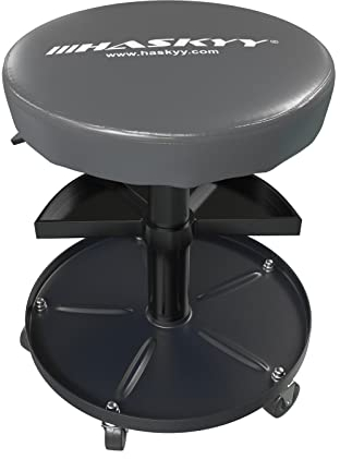 HASKYY Werkstatthocker Rollhocker | Höhe 430-580mm I Sitz Geleinlage | Werkstatt-Arbeits-Hocker-Stuhl-Sitz I 135kg | ø40 cm | 2 Ablagen I Grau