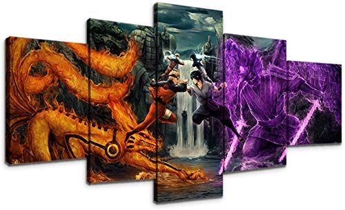 Tableau Naruto Toile 5 Pièces Avec Cadre Sasuke Anime Impression sur Toile Photos pour Salon Chambre décorations pour la Maison(Avec Cadre 50x100cm)