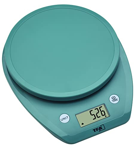 TFA Dostmann Digitale Küchenwaage MOCHI, 50.2007.20, mit LCD Anzeige, Volumenberechnung für Milch, Lebensmittelwaage, bis 5kg, leicht, mit Gummipads, grün