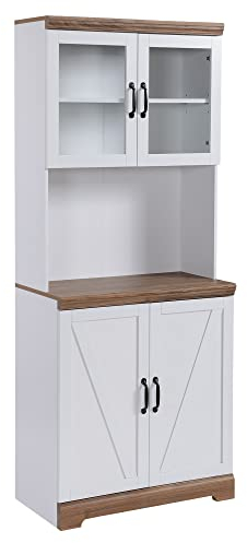 HOMCOM Aparador Alacena de Cocina Mueble Auxiliar con 2 Puertas de Vidrio Baldas Ajustables Estante Abierto y Armario para Comedor Salón Antivuelco 72x40x178 cm Blanco