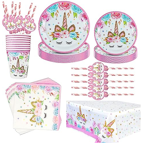 81 Stück Einhorn Partygeschirr Set,16 Gäste Einhorn Geburtstag Geschirr,Einhorn Party Teller Set,Einhorn Teller Becher,Einhorn Geburtstagsdeko,Kindergeburtstag Teller Becher Servietten