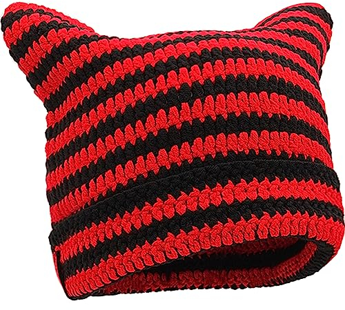 XYIYI Schwarz Rot Häkelmützen für Frauen Katze Ohr Stricken Hut Vintage Beanie Grunge Zubehör Slouchy Mützen für Frauen