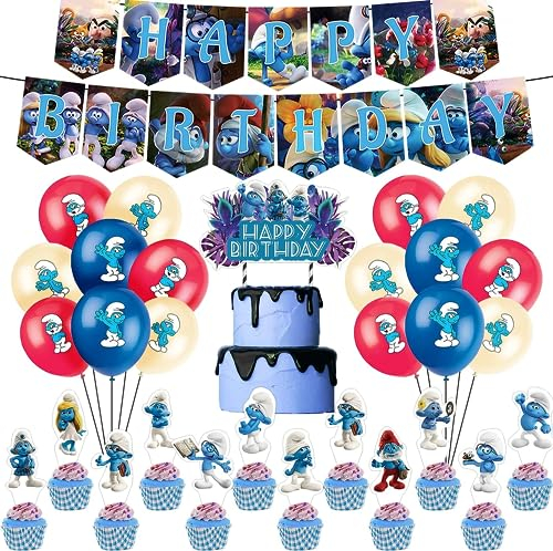 32 Stück Kinder Geburtstagparty Deko,Cartoon Design Party Ballon,mit Happy Birthday Banner,12 Cupcake Toppers,15 Latex Luftballon (A)