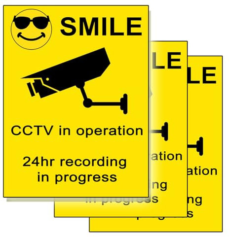 3/15 Pack EXTERNAL SMILE CCTV IN OPERATION Stickers Sign Self Adhesive 74 x 90mm - For Camera Security Window Car Van Home Office Door - STICKS OUTSIDE (3x Stickers)