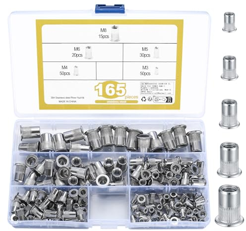 165 Pz Rivetti Filettati, M3 M4 M5 M6 M8 Rivetto Dadi, Dado Rivetto, Nutsert Rivnuts, Testa Piatta Inserto Filettato, Dadi Rivetti Dado a Testa Piatta Rivetto per Metallo, Legno, Alluminio
