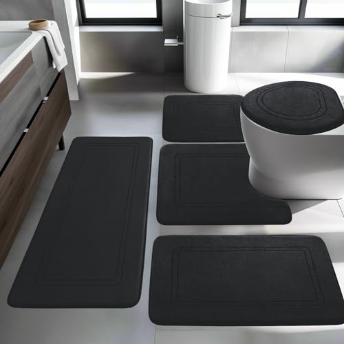 Badezimmerteppich Set 5 Teilig, Weiche Badematte aus Memory-Schaum Badvorleger rutschfest Waschbar, Badezimmer Teppiche Set für Toilette Dusche und Badewanne Schwarz