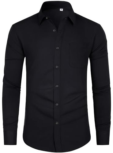 J.VER Men's Black Long Sleeve Shirts 4-Way Stretch Wrinkle Free Formal Dress Shirt Business Casual Wedding Work Button Down Shirts with Pocket L