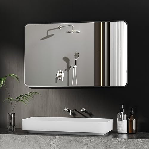 BD-Baode Spiegel Schwarz 70x120cm Dekospiegel Badspiegel ohne Beleuchtung Rechteckig Spiegel Morden Dekorative Spiegel für Badezimmer, Waschräume, Schlafzimmer(Design mit Abgerundeten Ecken)